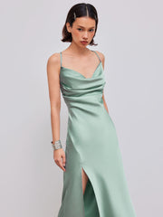 Satin Cowl Neck Solid Ruched Criss Cross Split Maxi Dress