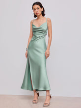 Satin Cowl Neck Solid Ruched Criss Cross Split Maxi Dress