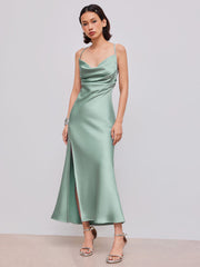 Satin Cowl Neck Solid Ruched Criss Cross Split Maxi Dress