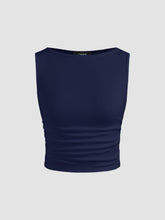 Boat Neck Ruched Solid Crop Tank Top