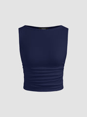 Boat Neck Ruched Solid Crop Tank Top