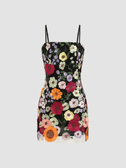 Jacquard Square Neck Colorful Floral Embroidery Mini Dress
