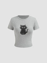 Cotton-blend Round Neckline Cat Short Sleeve Tee