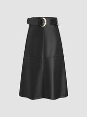 Faux Leather Mid Rise Solid Midi Skirt With Belt