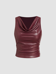 Faux Leather Cowl Neck Solid Ruched Tank Crop Top