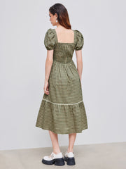 Square Neck Gingham Shirred Ruffle Puff Sleeve Maxi Dress