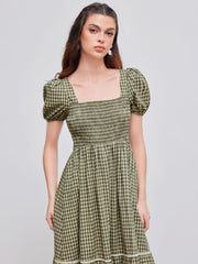 Square Neck Gingham Shirred Ruffle Puff Sleeve Maxi Dress