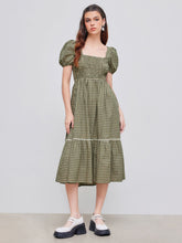 Square Neck Gingham Shirred Ruffle Puff Sleeve Maxi Dress