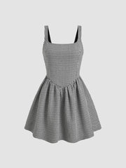 Tweed Square Neck Houndstooth Zipper Mini Dress
