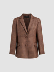 Faux Leather Collar Solid Button Pocket Blazer