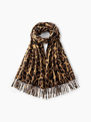 LEOPARD PRINT TASSEL SCARF & KNIT ROUND NECKLINE BUTTON CARDIGAN