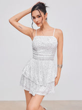 Sequin Square Neck Solid Layered Ruched Mini Dress