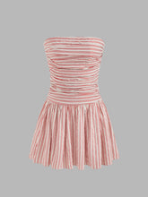 Strapless Striped Shirred Ruched Tube Mini Dress