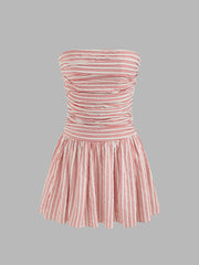Strapless Striped Shirred Ruched Tube Mini Dress