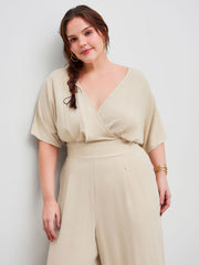 Linen-blend V-neck Solid Corset Pocket Jumpsuit Curve & Plus