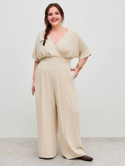 Linen-blend V-neck Solid Corset Pocket Jumpsuit Curve & Plus