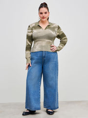 Knitted Collar Abstract Colorblock Long Sleeve Sweater Curve & Plus