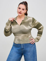 Knitted Collar Abstract Colorblock Long Sleeve Sweater Curve & Plus