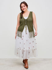 Knit V-neck Solid Tassel Tie Front Crop Vest Curve & Plus
