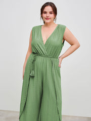 Broderie Anglaise V-neck Wrap Wide Leg Jumpsuit With Tassel Rope Belt Curve & Plus
