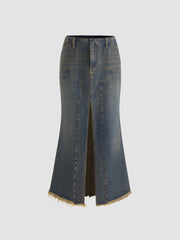 Denim Low Rise Solid Split Raw Hem Pocket Maxi Skirt