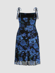 Mesh Square Neck Floral Knotted Midi Dress Curve & Plus