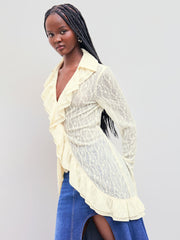 Lace V-neck Floral Lettuce Trim See-through Long Sleeve Top