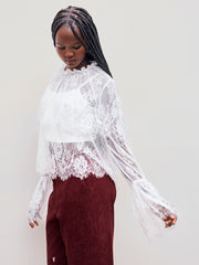 Lace High Neck Layered Long Sleeve Blouse With Solid Crop Cami Top