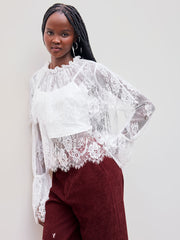 Lace High Neck Layered Long Sleeve Blouse With Solid Crop Cami Top