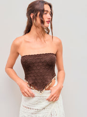Knit Solid Beaded Fringe Lettuce Trim Crop Tube Top
