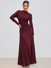 High Neck Solid Ruched Ruffle Long Sleeve Maxi Dress