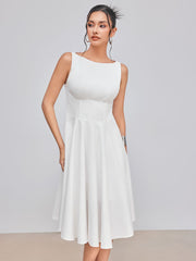 100% Cotton Boat Neck Solid Ruffle Midi Dress