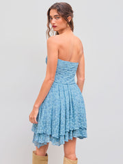 Lace Tube Floral Ruffle Asymmetrical Hem Ruched Mini Dress