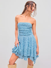 Lace Tube Floral Ruffle Asymmetrical Hem Ruched Mini Dress