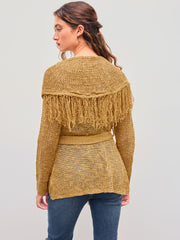 Knit V-neck Solid Fringe Hollow Out Knotted Cardigan