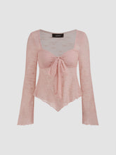 Lace Square Neck Knotted Long Sleeve Top