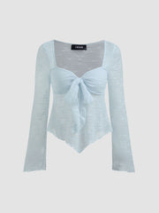 Lace Square Neck Knotted Long Sleeve Top