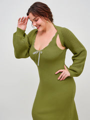 Knitted Scoop Neckline Solid Knotted Midi Dress & Knitted Long Sleeve Shrug Set
