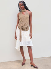 Chiffon Halter Neckline Solid Ruched Knotted Top With Solid Crop Tube Top