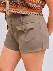 Mid Rise Solid Button Pocket Micro Shorts Curve & Plus