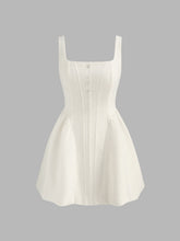 Tweed Square Neck Solid Button Bubble Hem Mini Dress