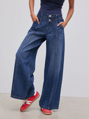 Cider Denim Mid Rise Solid Double Button Pocket Baggy Jeans