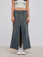 Denim Low Rise Solid Split Raw Hem Pocket Maxi Skirt