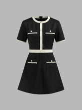 Tweed Round Neckline Contrasting Binding Pearl Button Mini Dress
