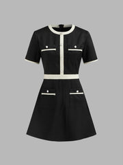 Tweed Round Neckline Contrasting Binding Pearl Button Mini Dress