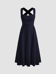 Square Neck Solid Criss Cross Ruffle Midi Dress & Metallic Pointed Toe Slingback Kitten Heels