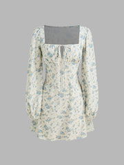 Corduroy Square Neck Floral Knotted Mini Dress