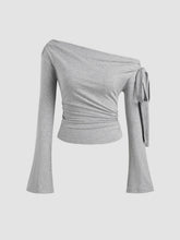Off-shoulder Solid Knotted Ruched Long Bell Sleeve Top
