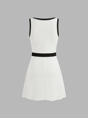 Cotton-blend Boat Neckline Solid Contrasting Binding Mini Dress