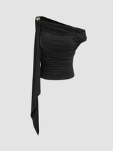 Asymmetrical Neck Solid Ruched Ruffle Hem Crop Top